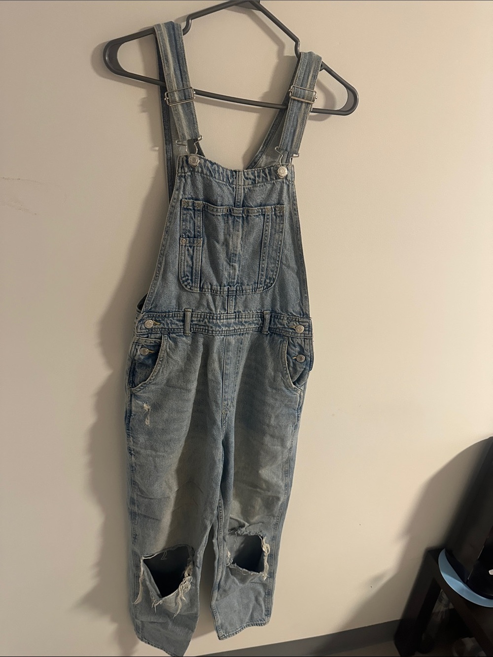 H&M Light Blue Distressed Denim Overalls Jumpsuit